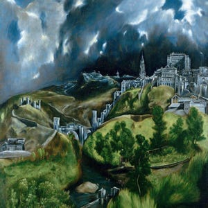 El Greco: Veduta di Toledo (1596–1600) Stampa artistica su tela incorniciata o avvolta in una galleria d'arte Giclée, rimasterizzata digitalmente (D6050)