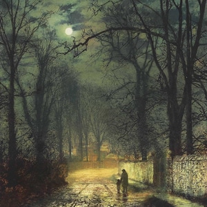 John Atkinson Grimshaw: A Moonlit Lane (1874) canvas gallery gewikkeld of ingelijste giclee muurkunst print digitaal geremasterd (D6045)