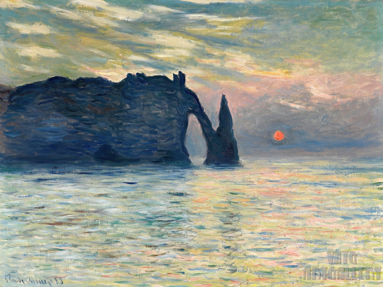 Tramonto sulla scogliera di Etretat: Claude Monet (1883) Stampa artistica su tela con cornice o avvolto in una galleria, rimasterizzata digitalmente (D4560)