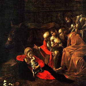 Caravaggio: Adorazione dei pastori (1609) Stampa artistica su tela con avvolgimento in galleria Giclée, rimasterizzata digitalmente (D6040)