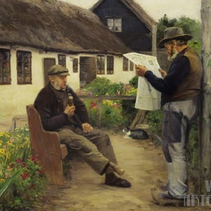 H. A. Brendekilde: tijdens het lezen van het krantennieuws (1912) op canvas galerie gewikkelde of ingelijste giclee muurkunstdruk (D4060)