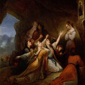 Ary Scheffer: Griekse vrouwen smeken om de Maagd van Bijstand (1826) canvas galerij verpakte of ingelijste giclee muurkunstdruk (D6050)