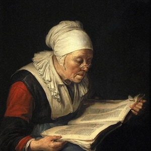 Gerrit Dou: Vecchia donna che legge un libro (1665) Stampa artistica su tela incorniciata o avvolta in una galleria d'arte Giclée, rimasterizzata digitalmente (D6045)