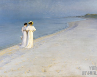 P.S. Krøyer : Soirée d'été sur la plage de Skagen (1893) Impression giclée d'art murale sur toile tendue ou encadrée (D4060)