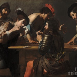 Valentin de Boulogne: Soldaten Spielkarten und Würfel (1618) Leinwand Galerie gerahmt Giclee Print (D4560)