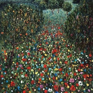Gustav Klimt: Campo di papaveri (1912) Stampa artistica su tela incorniciata o avvolta in una galleria, giclée, rimasterizzata digitalmente (D6050)