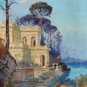 Ferdinand Knab: Villa, una fontana sul lago in primo piano (1899) Stampa artistica da parete giclée incorniciata o avvolta in tela (D6045)