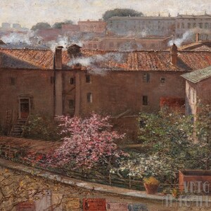 Hermine Lang-Laris: Un albero in fiore in un cortile (XVIII-XIX secolo) Stampa artistica da parete giclée su tela, incorniciata o avvolta in una cornice (D5060)