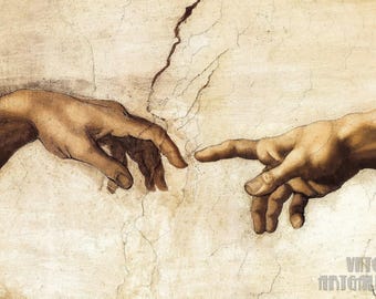 ミケランジェロ・ブオナローティ：神の手 アダムの創造 システィーナ礼拝堂（1509年）キャンバスギャラリーラップジクレー壁アートプリント（D4060）