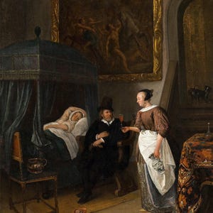 Jan Havickszoon Steen: La visita del dottore (1660-62) Stampa artistica da parete Giclée su tela, incorniciata o avvolta in una galleria, rimasterizzata digitalmente (D6050)