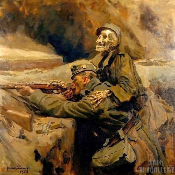 Hans Larwin : Soldat und Tod (1917) Canvas Gallery Wrapped or Framed Giclee Wall Art Print (D50)