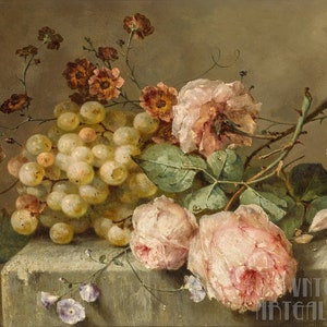 Margaretha Roosenboom : A Still Life with Roses and Grapes (19th Century) Canvas Gallery Wrapped or Framed Giclée Wall Art Print (D4560)