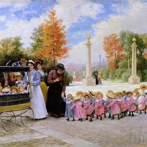 Timoleon Marie Lobrichon: Arazzo Promenade des Enfants (XIX secolo) Stampa artistica da parete Giclée su tela con cornice o avvolto in una galleria (D3560)