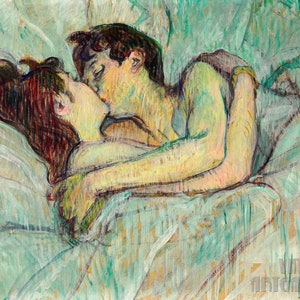 Henri de Toulouse-Lautrec - The Kiss In Bed (1892)  Canvas Gallery Wrapped or Framed Giclee Wall Art Print Digitally Remastered (D4560)