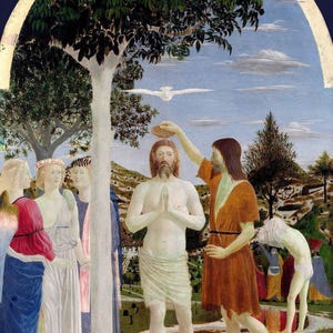 Piero della Francesca: Il Battesimo di Cristo (1450) Stampa artistica su tela incorniciata o avvolta in una galleria d'arte Giclée, rimasterizzata digitalmente (D6040)