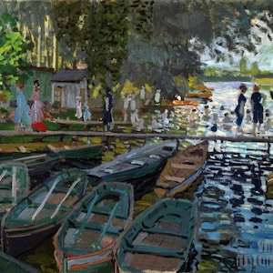 Claude Monet: Bagnanti a La Grenouillère (1869) Stampa artistica su tela incorniciata o avvolta in una galleria d'arte Giclée, rimasterizzata digitalmente (D5060)