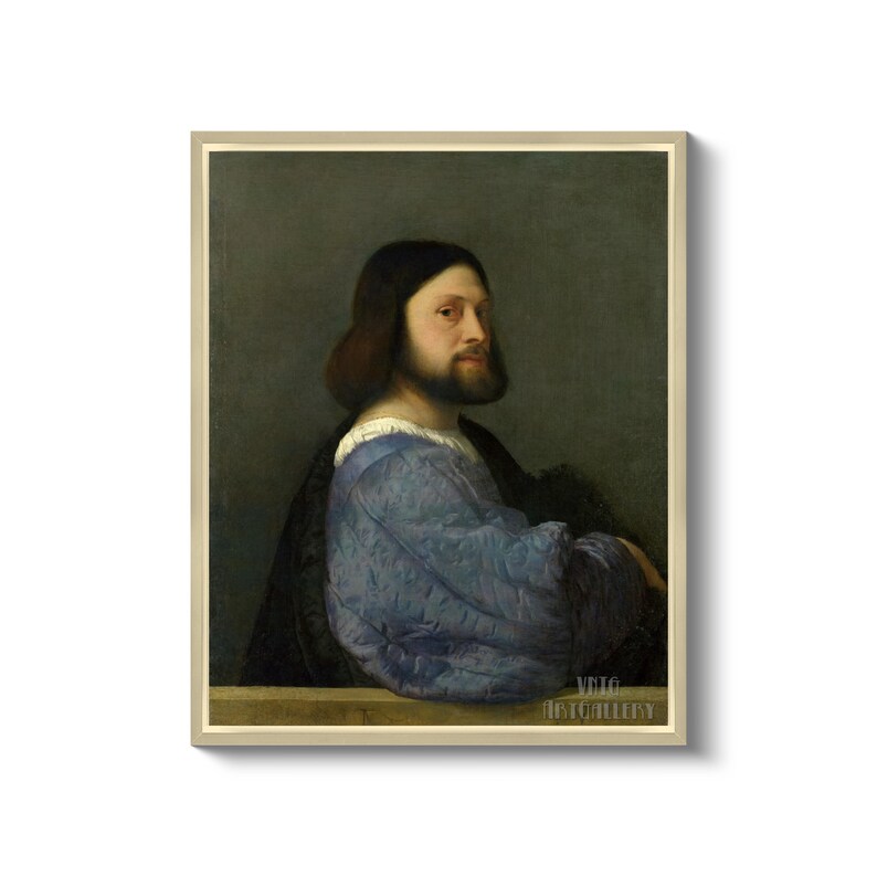 Tiziano: Ritratto di un uomo con una manica trapuntata (1510) Stampa artistica da parete Giclée su tela, incorniciata o avvolta in una galleria, rimasterizzata digitalmente (D6050) White Floating Frame Canvas