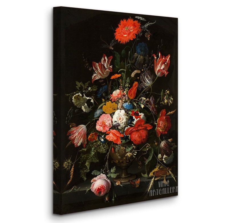 Abraham Mignon : Fleurs dans un vase en métal 1670 Impression giclée d'art murale sur toile tendue ou encadrée D6045 1 Panel Stretched Canvas