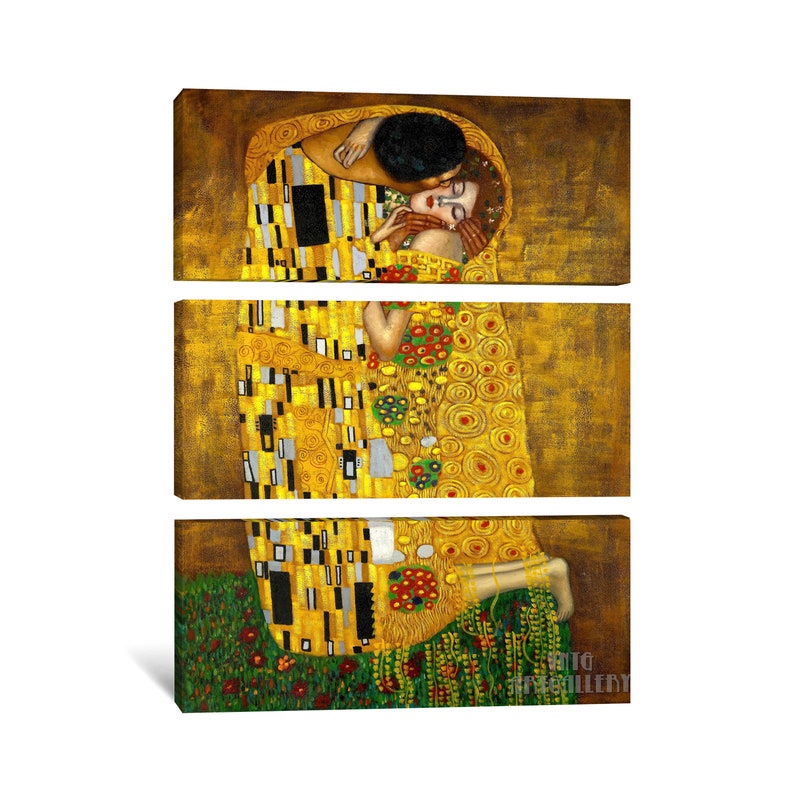 Gustav Klimt : The Kiss 1907-1908 Canvas Gallery Wrapped or Framed Giclee Wall Art Print D6045 3 Panel Stretched Canvas