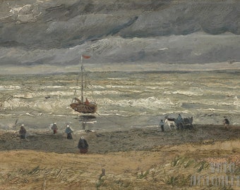 1st oil painting by Van Gogh : Beach at Scheveningen in Stormy Weather (August 1882) Canvas Gallery Wrapped Giclee Wall Art Print (D4060)