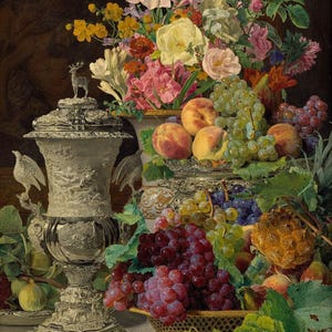 Ferdinand Waldmüller: Stilleven met fruit, bloemen en een zilveren beker (1839) galerie op canvas verpakt of ingelijste Giclée-muurkunstdruk (D6045)