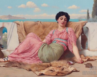 John William Godward: La mascota tranquila (1906) Impresión giclée sobre lienzo, enmarcada o enmarcada, remasterizada digitalmente (D4060)