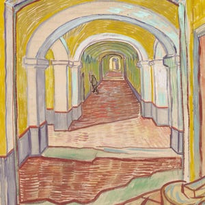Vincent van Gogh: gang in het gesticht (1889) galerie op canvas verpakt of ingelijste giclee muurkunstdruk digitaal geremasterd (D6045)