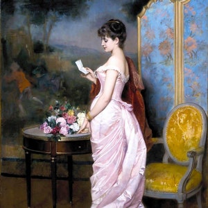 Auguste Toulmouche: A Carta de Amor (1883) Canvas Gallery Wrapped ou Framed Giclee Wall Art Print Digitalmente Remasterizado (D6040)