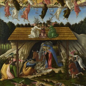 Sandro Botticelli: La Natività mistica (1500) Stampa artistica da parete giclée su tela, incorniciata o avvolta in una cornice, rimasterizzata digitalmente (D6040)