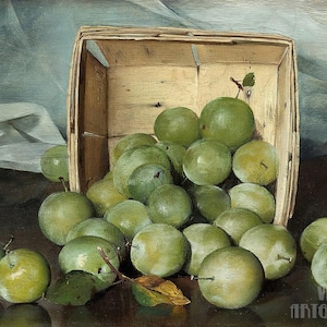 Joseph Decker: Ciruelas verdes (1885). Impresión giclée sobre lienzo, enmarcada o enmarcada, remasterizada digitalmente (D4560).