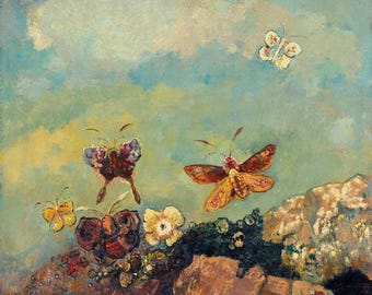 Odilon Redon : Butterflies (1910) Canvas Gallery Wrapped or Framed Giclee Wall Art Print Digitally Remastered (D6045)