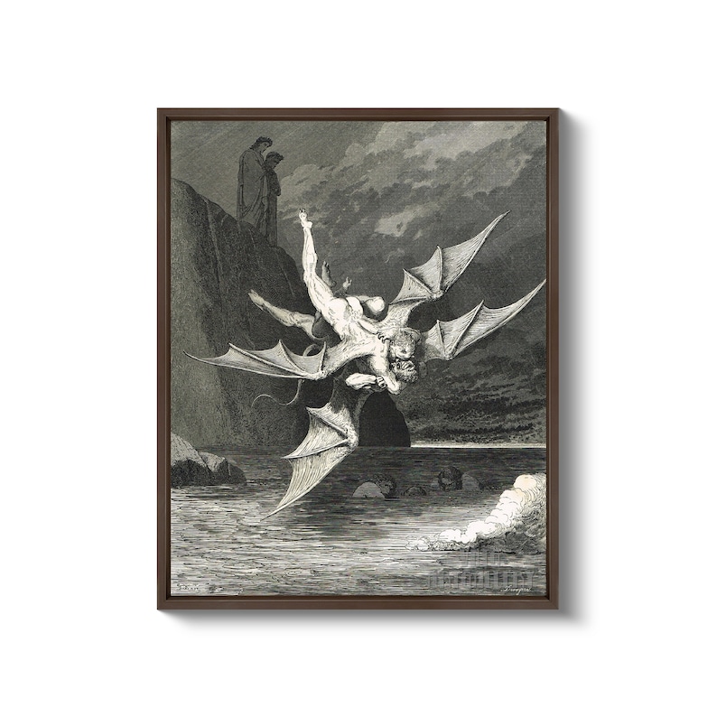 Gustave Doré : Alichino and Calcabrina Fighting over the Pitch 1890 Canvas Gallery Wrapped or Framed Giclee Wall Art Print D6050 Brown Floating Frame Canvas