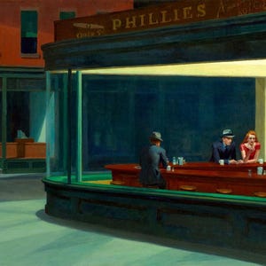 Edward Hopper: Nighthawks (1942) Stampa artistica su tela, incorniciata o avvolta in una galleria, rimasterizzata digitalmente (D3560)