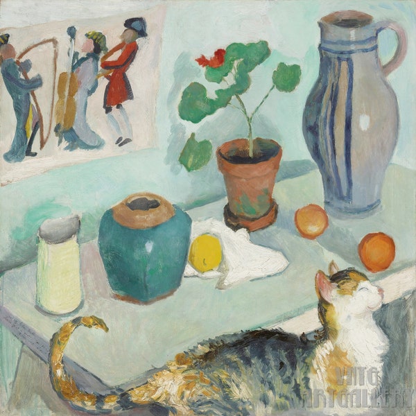 August Macke : Nature morte au chat (1910), impression giclée d'art mural sur toile tendue ou encadrée (D50)