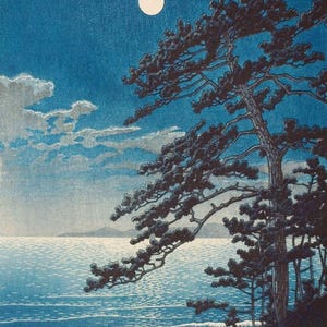 Hasui Kawase: Luna di primavera sulla spiaggia di Ninomiya (1932) Stampa artistica da parete Giclée su tela, incorniciata o avvolta in una galleria, rimasterizzata digitalmente (D6035)