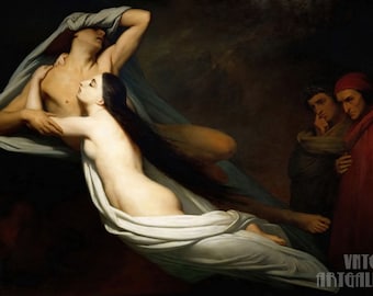 Ary Scheffer : The Ghosts of Paolo and Francesca Appear to Dante and Virgil (1855) Canvas Gallery Wrapped Giclee Wall Art Print (D4060)