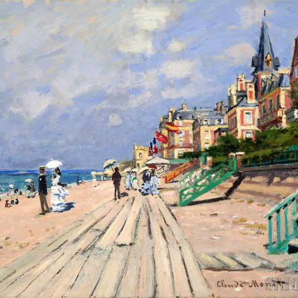 Claude Monet : La promenade de Trouville (1870) Impression d'art mural sur toile tendue ou encadrée (D4560)