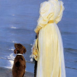 P.S.: Krøyer: Sommerabend in Skagen - Die Frau und der Hund am Ufer des Künstlers (1892) Leinwand Gallery Wrapped Giclee Wand-Kunst-Druck (D6035)