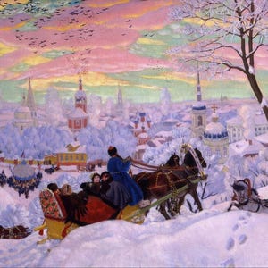 Boris Koestodiev: Martes de Panqueques; Semana de la Mantequilla (1916). Impresión giclée sobre lienzo, enmarcada o enmarcada, remasterizada digitalmente (D3060).