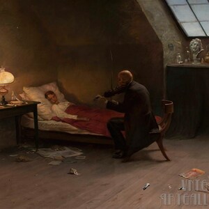 Zygmunt Andrychiewicz: La morte dell'artista, l'ultimo amico (1901) Stampa artistica da parete Giclée su tela con cornice o avvolto in una galleria (D5060)
