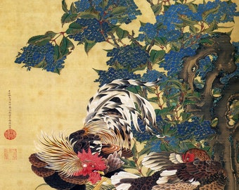 Ito Jakuchu (1716-1800) - Coq et poule avec hortensias sur toile, impression giclée d'art murale encadrée ou encadrée (D6040)