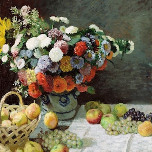 Claude Monet : Nature morte avec fleurs et fruits 1869 Impression giclée d'art murale sur toile tendue ou encadrée D6050 image 1