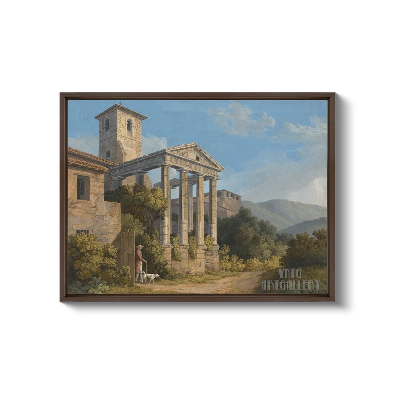 Jacob Philipp Hackert : The Temple of Hercules in Cori near Velletri (1783) Canvas Gallery Wrapped or Framed Giclée Wall Art Print (D4560) Brown Floating Frame Canvas