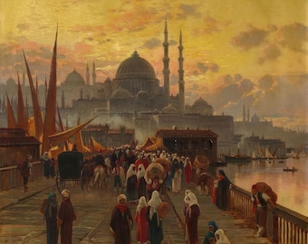 Hermann David Salomon Corrodi : The Galata Bridge, Constantinople (19th C.) Canvas Gallery Wrapped or Framed Giclee Wall Art Print (D6050)
