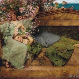 Lawrence Alma-Tadema: En un jardín de rosas (1890). Impresión giclée sobre lienzo, enmarcada o envuelta en galería, remasterizada digitalmente (D4560).