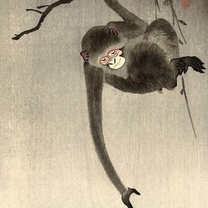 May include: A black and white woodblock print of a monkey hanging from a tree branch. The monkey is looking down at a white circle on the ground. The print is titled "猿" in Japanese characters.