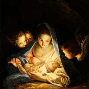 Carlo Maratta: La Notte Santa (La Natività) (1655) Stampa artistica su tela incorniciata o avvolta in una galleria d'arte Giclée, rimasterizzata digitalmente (D6045)