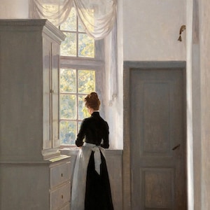 Georg Achen: La finestra dei sogni nel vecchio castello di Liselund (1903) Stampa artistica da parete Giclée su tela con cornice o avvolto in una galleria (D6040)