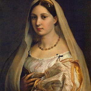 Rafaël Santi: La Donna Velata (1514-1515) Stampa artistica su tela, incorniciata o avvolta in una galleria, giclée, rimasterizzata digitalmente (D6045)
