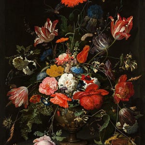 Abraham Mignon: Flores en un jarrón de metal (1670) Impresión de arte mural en lienzo envuelto o enmarcado remasterizado digitalmente (D6045)